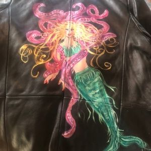 Hand Painted Mermaid Black Leather Jacket L